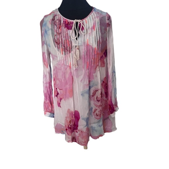 Soft Surroundings Floral Boho Beaded Bed of Roses Silk Chiffon Tunic Top Sz M - Picture 2 of 9